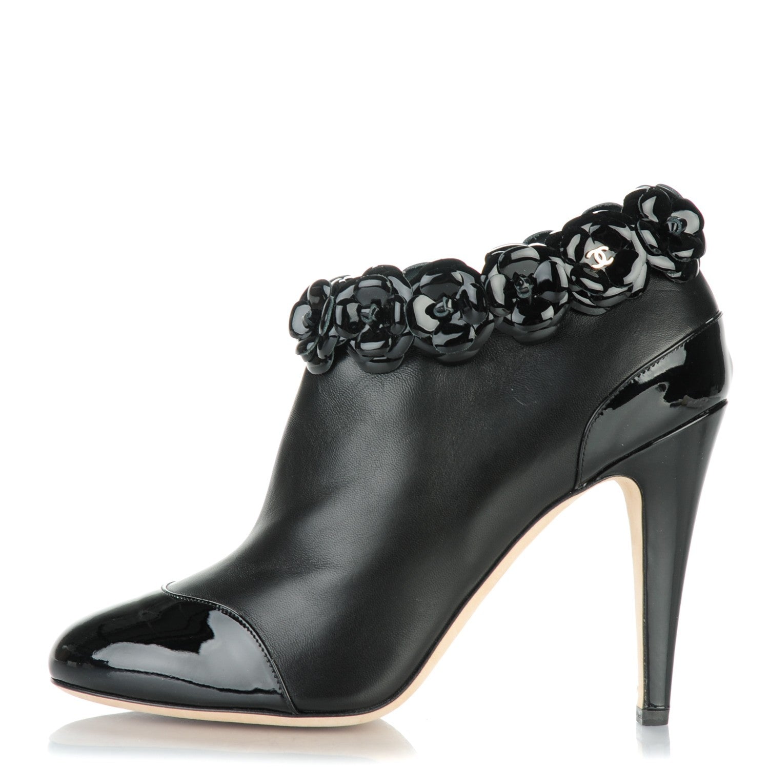 Chanel Lambskin Patent Camellia Ankle Booties 41 Black 1 of 9