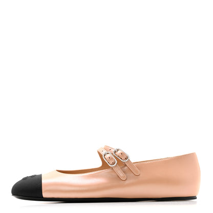 Chanel Lambskin Grosgrain Pearl Mary Jane Flats 38.5 Beige Black 1 of 10