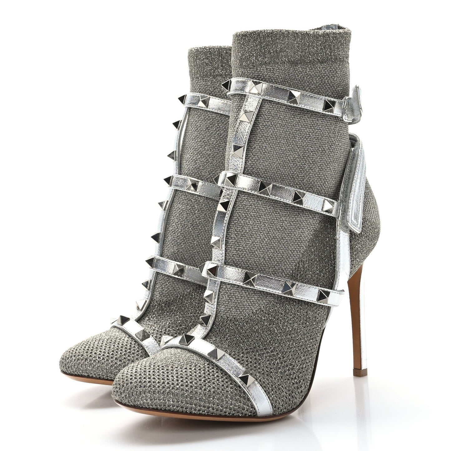 Metallic Nappa Knit Rockstud Bodytech Sock Booties 36.5 Silver