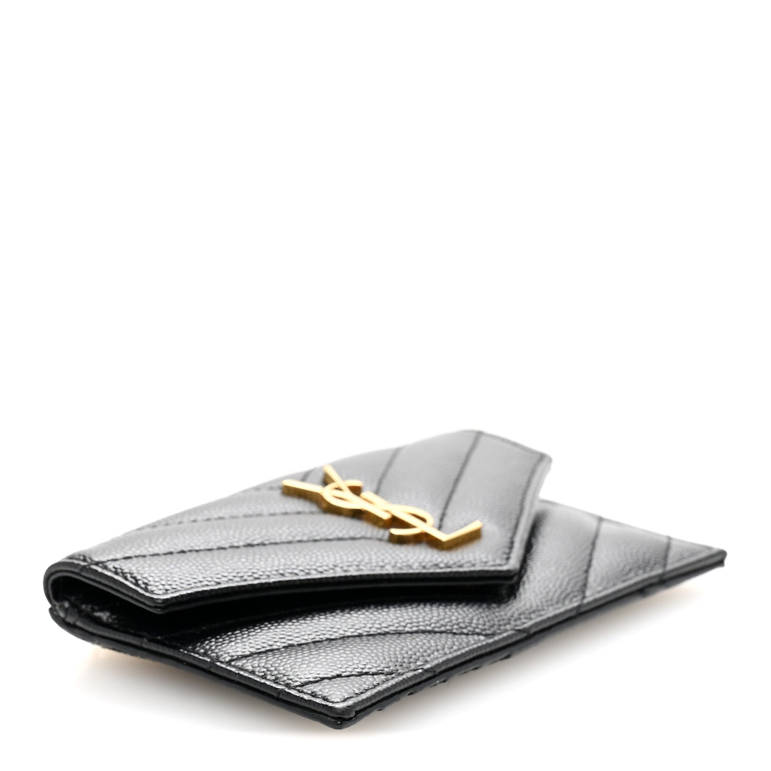 Saint Laurent Grain De Poudre Matelasse Chevron Monogram Compact Wallet Black 4 of 9
