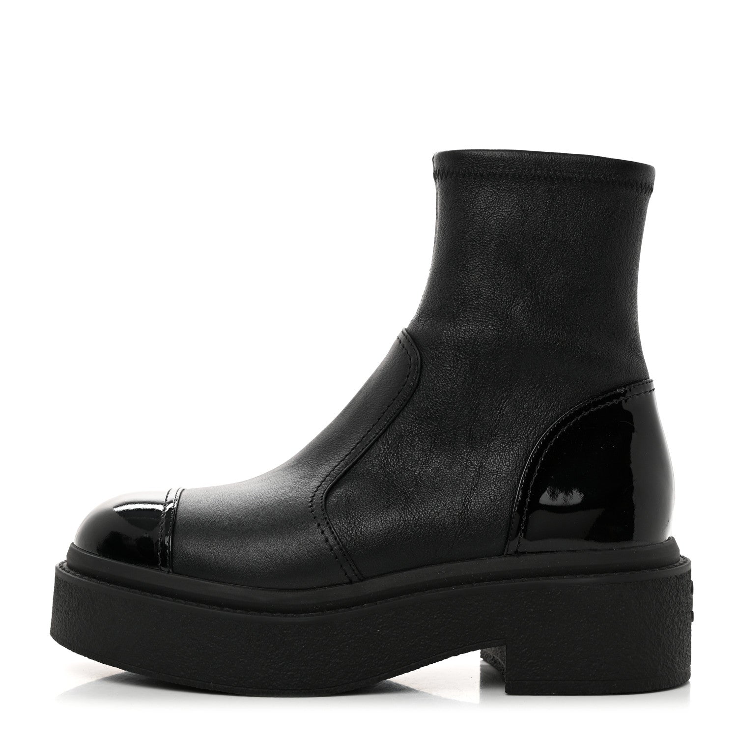Chanel Grained Calfskin Patent Cap Toe CC Platform Ankle Boots 37.5 Black 1 of 8