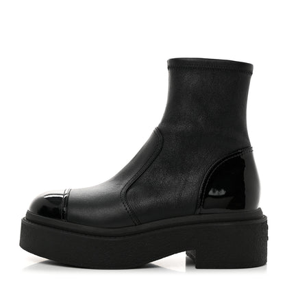 Chanel Grained Calfskin Patent Cap Toe CC Platform Ankle Boots 37.5 Black 1 of 8