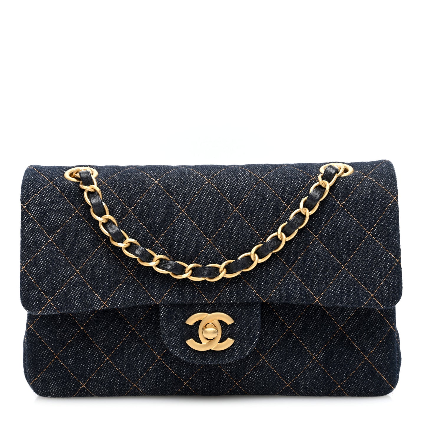 Denim Quilted Medium Double Flap Dark Blue