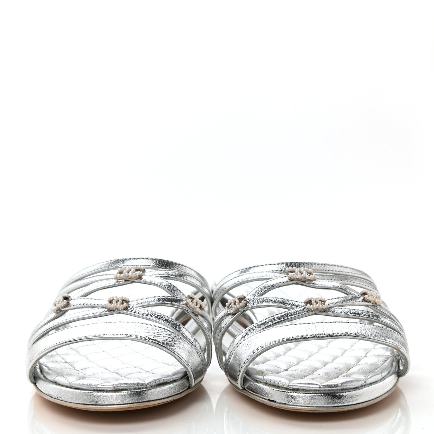 Laminated Lambskin Pearl CC Sandals 38 Silver