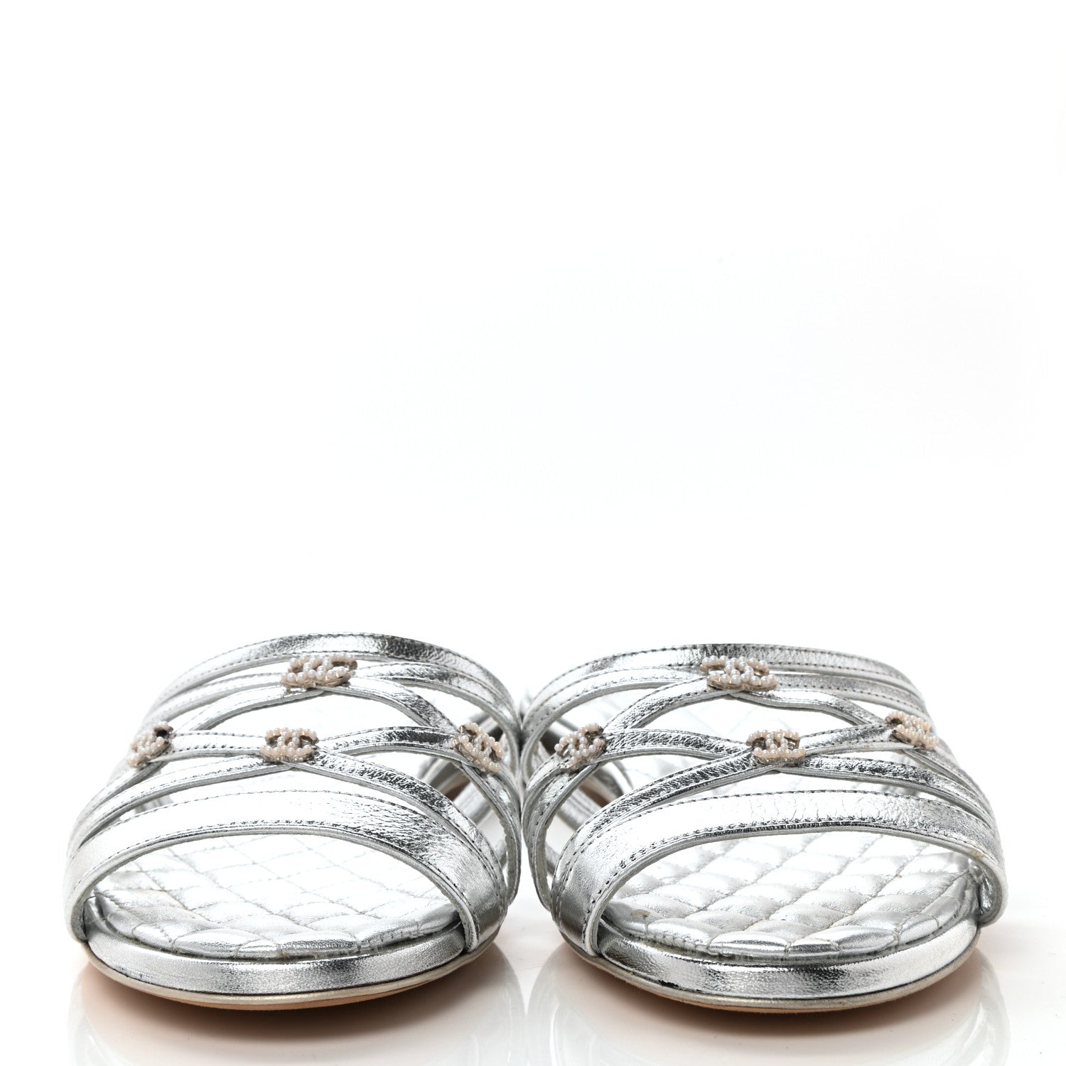 Chanel Laminated Lambskin Pearl CC Sandals 38 Silver 2 of 11