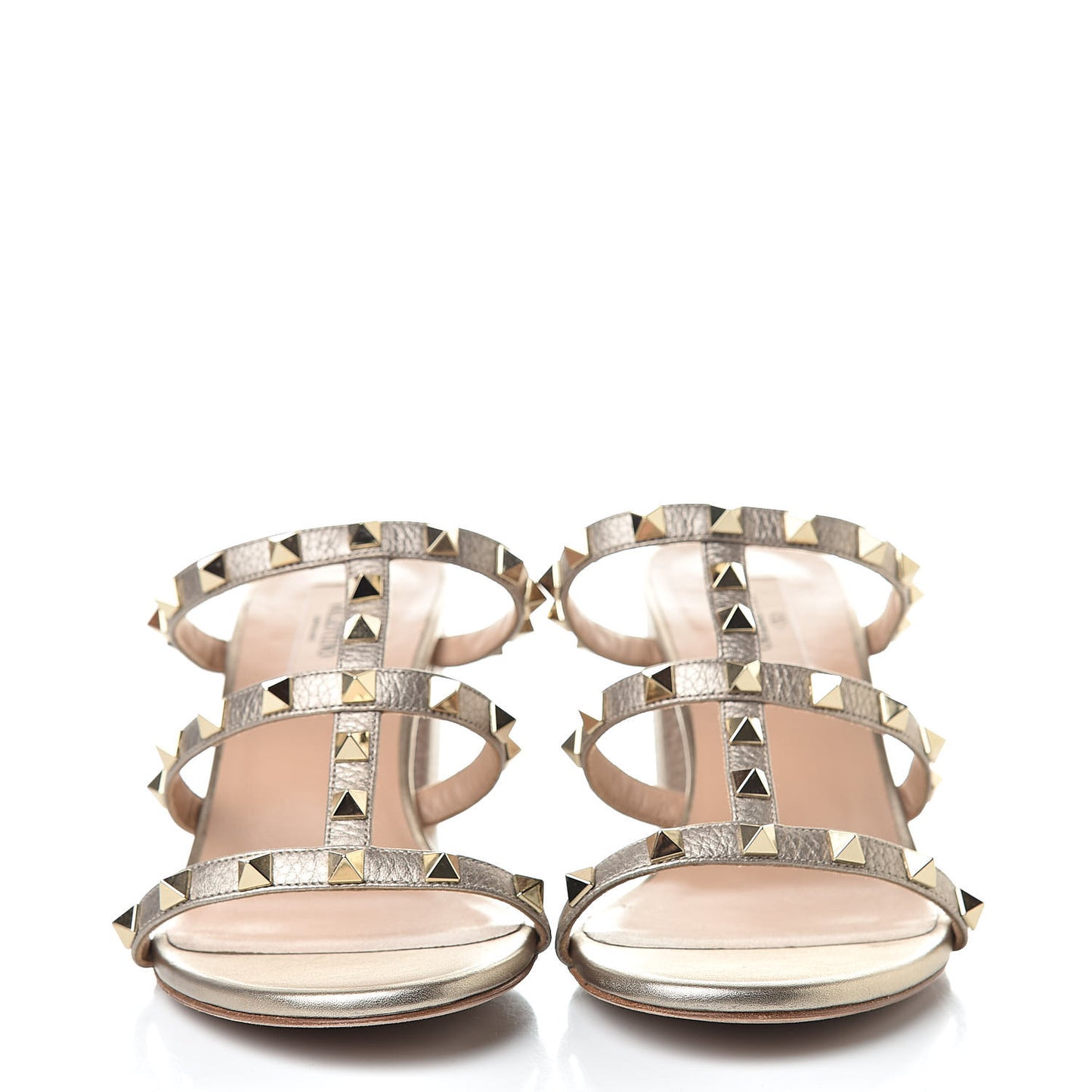 Metallic Pebbled Calfskin Rockstud 60mm Caged Slide Sandals 40 Skin
