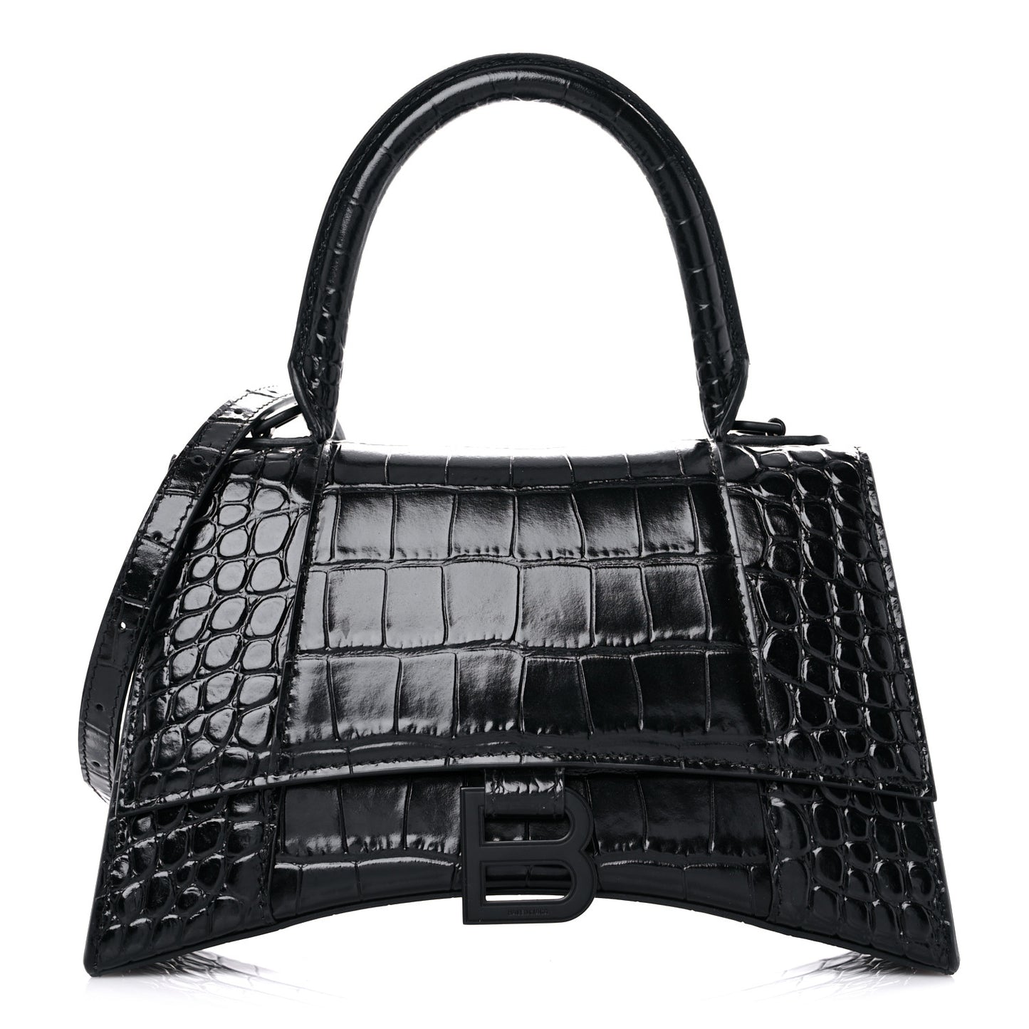Shiny Calfskin Monochrome Crocodile Embossed Small Hourglass Top Handle Bag Black