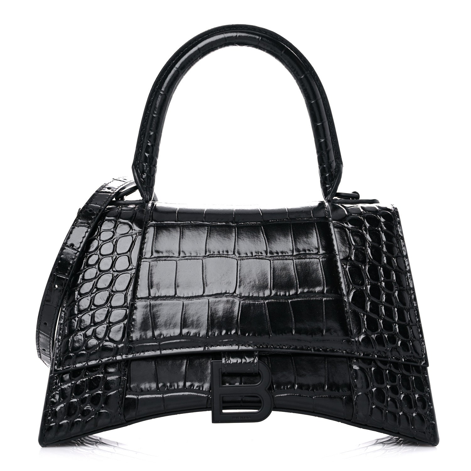 Balenciaga Shiny Calfskin Monochrome Crocodile Embossed Small Hourglass Top Handle Bag Black 1 of 16