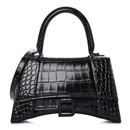 Balenciaga Shiny Calfskin Monochrome Crocodile Embossed Small Hourglass Top Handle Bag Black 1 of 16
