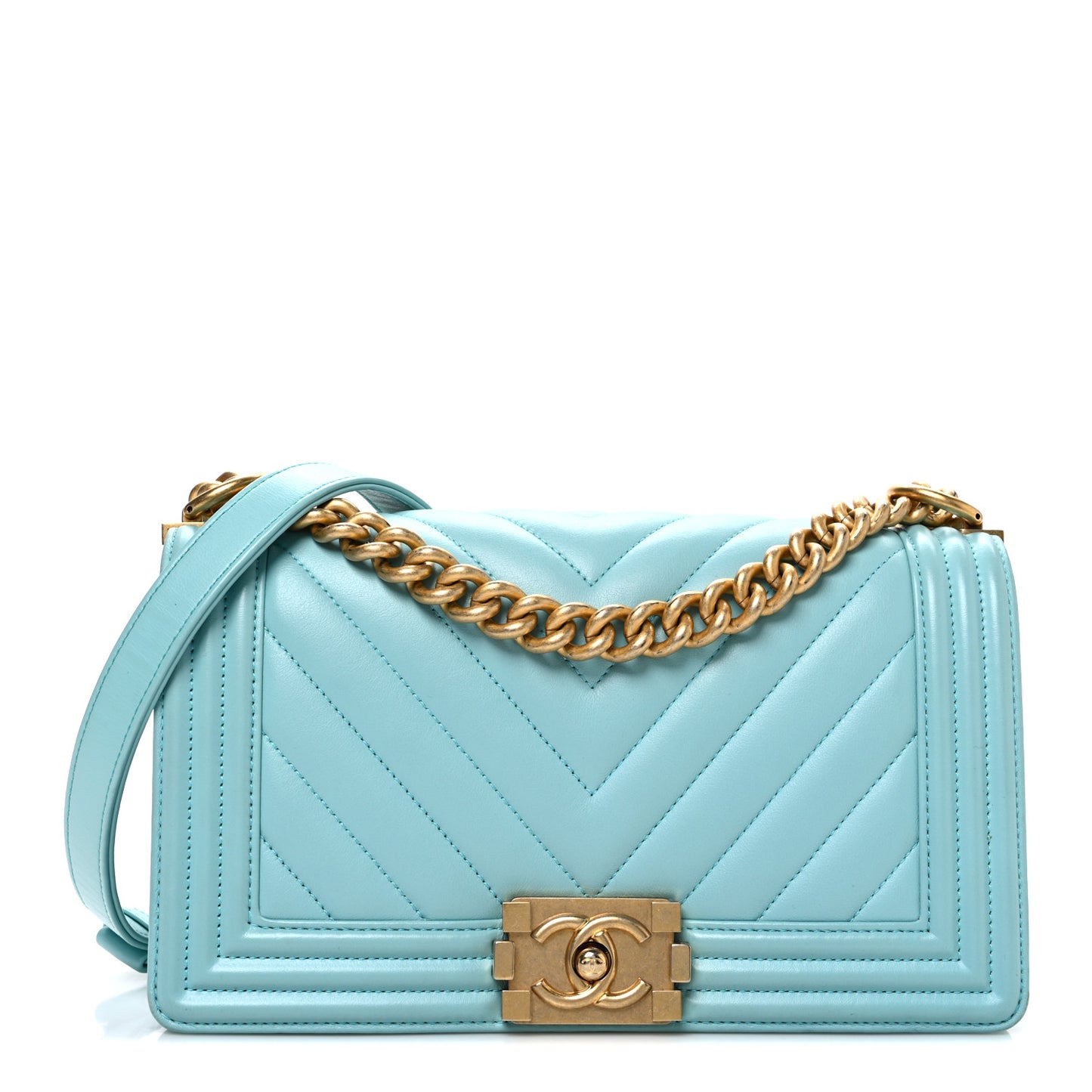 Lambskin Chevron Quilted Medium Boy Flap Turquoise