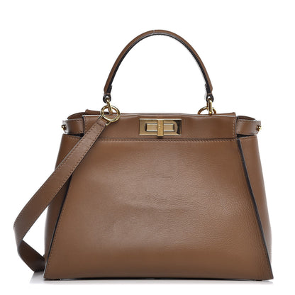 Fendi Vitello Seta Fabric Jacquard Pequin Medium Peekaboo Iconic Satchel Foresta Tobacco 1 of 11