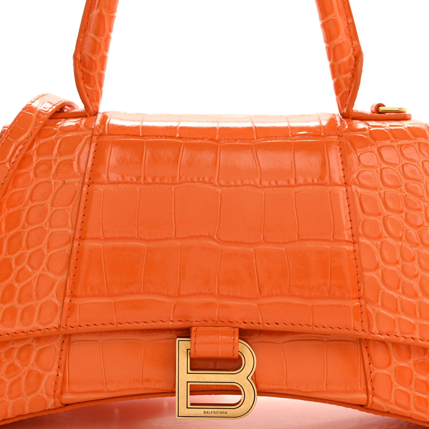 Balenciaga Shiny Calfskin Crocodile Embossed Small Hourglass Top Handle Bag Orange 9 of 11