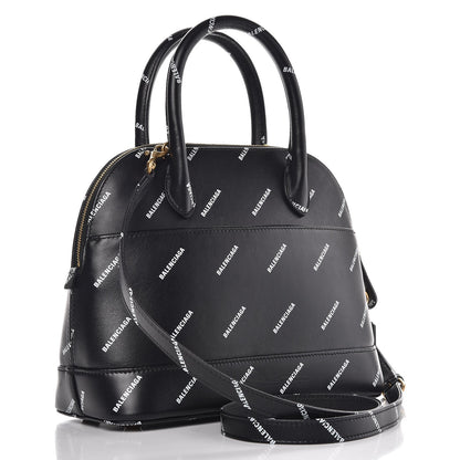 Balenciaga Calfskin Allover Logo S Ville Top Handle Bag Black White 4 of 9
