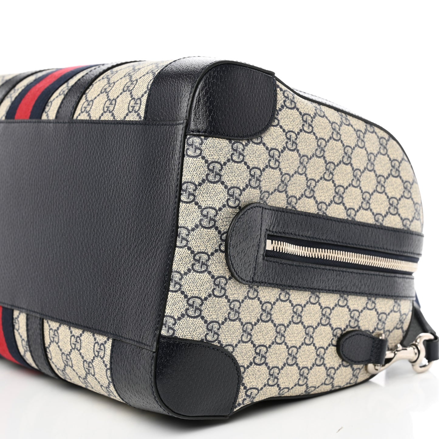 GG Supreme Monogram Textured Dollar Calfskin Web Medium Ophidia Duffle Bag Beige Blue