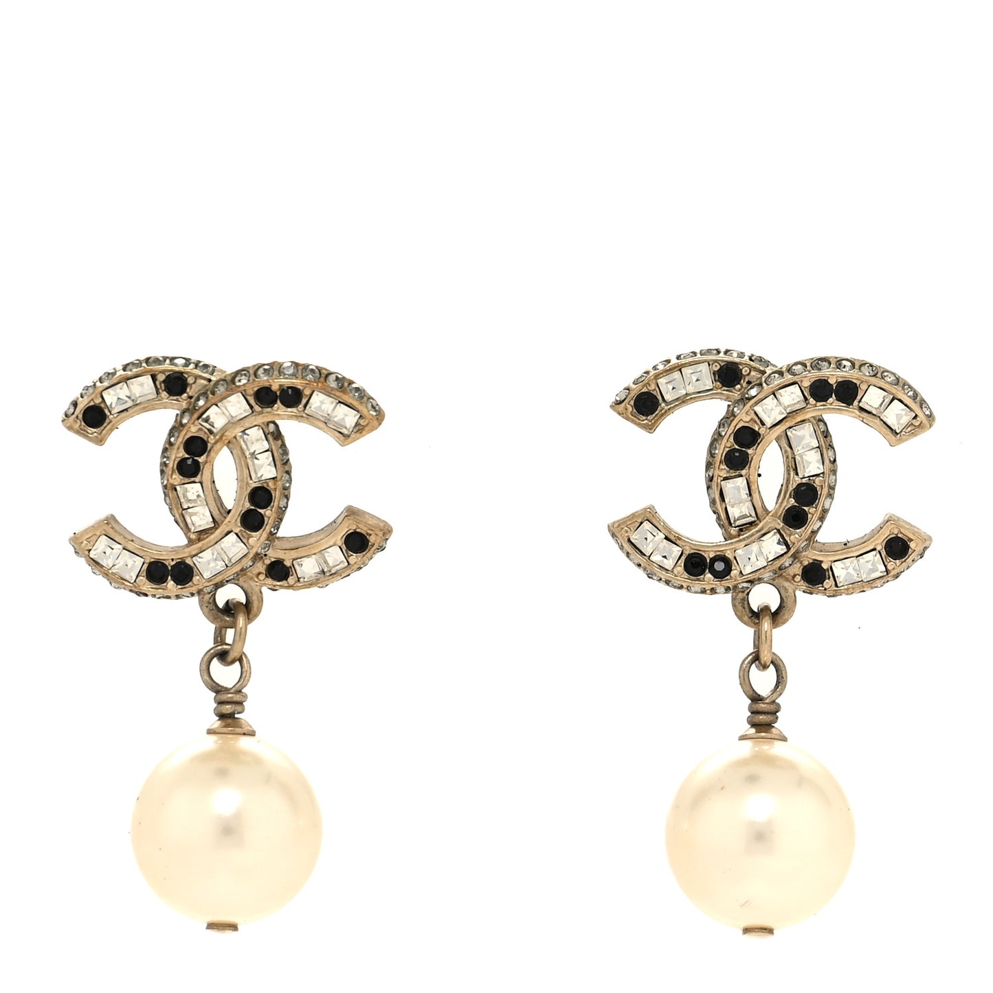 Baguette Crystal Pearl CC Drop Earrings Gold Black