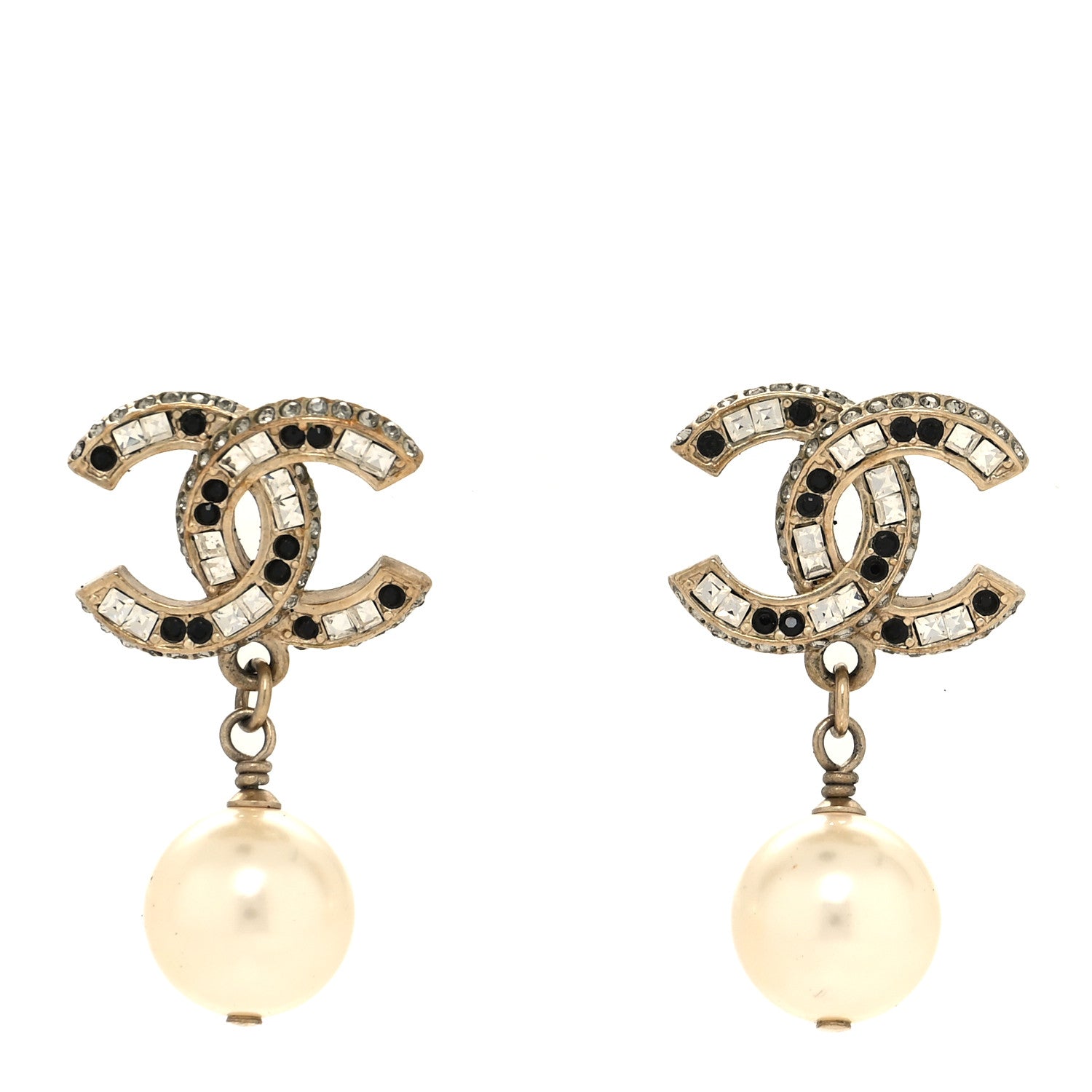 Chanel Baguette Crystal Pearl CC Drop Earrings Gold Black 1 of 5