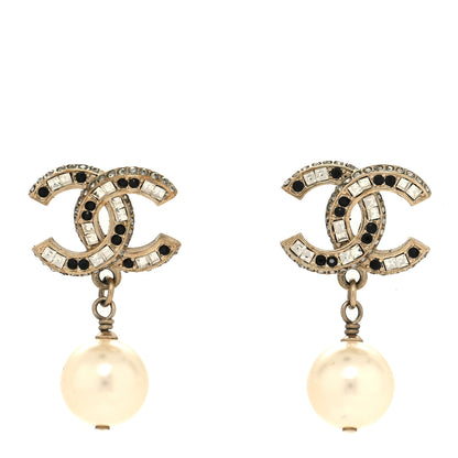 Chanel Baguette Crystal Pearl CC Drop Earrings Gold Black 1 of 5