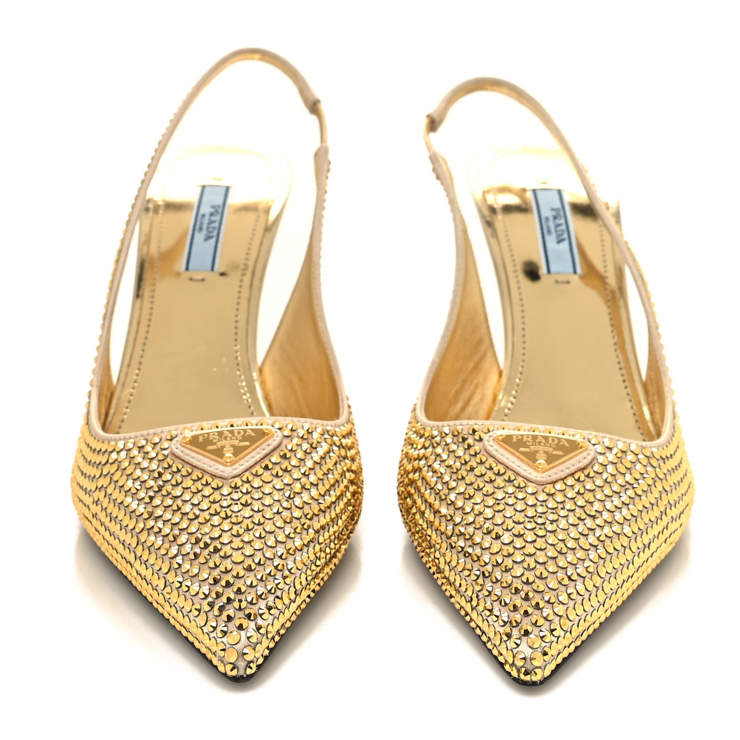 Satin Crystal Triangle Logo 85mm Slingback Pumps 38 Platino