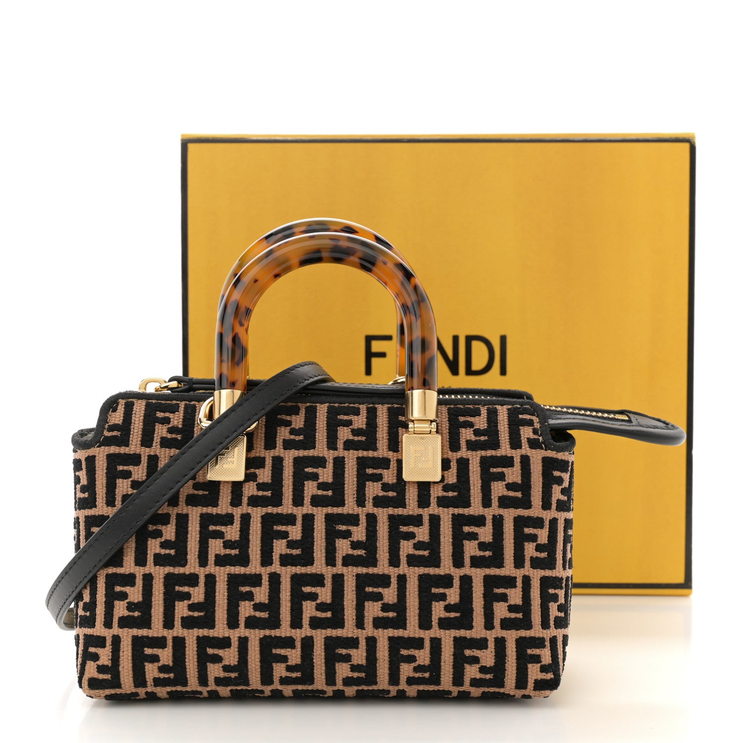 Fendi Raffia Chenille Vitello King Plexiglass Micro FF Mini By The Way Top Handle Boston Bag Naturale Black 10 of 10