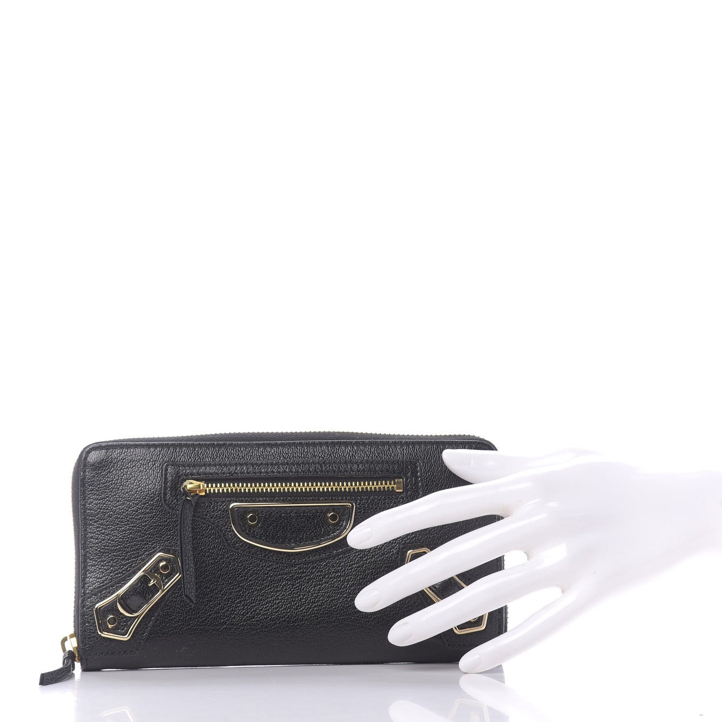 Chevre Gold Metallic Edge Hardware Zip Around Wallet Black