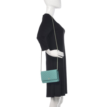 Chanel Caviar Chevron Quilted Wallet On Chain WOC Green 2 of 11