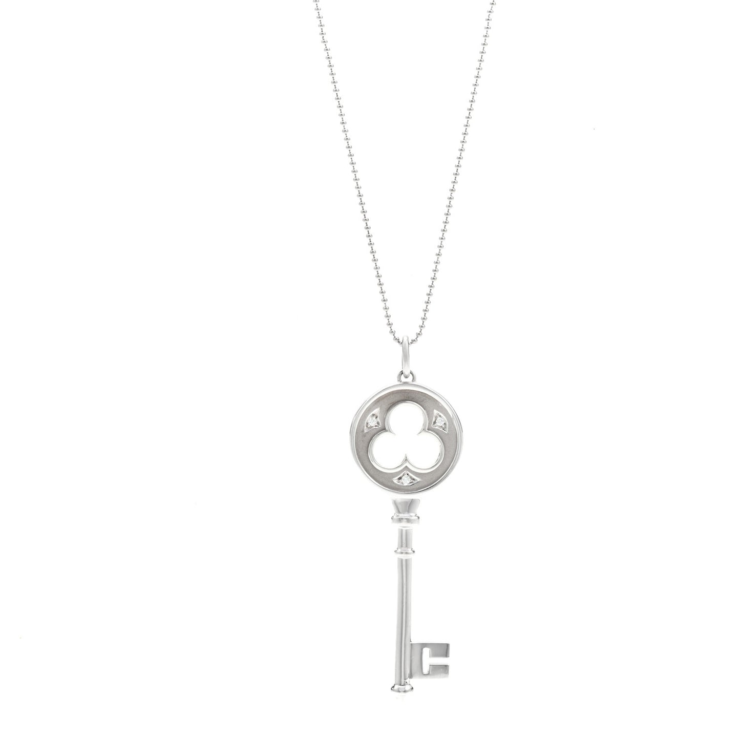 18K White Gold Diamond Clover Key Pendant Bead Necklace