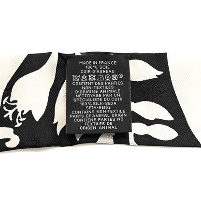 Hermes Silk Calfskin Bouquet Final Fringed Twilly Creme Black 3 of 4