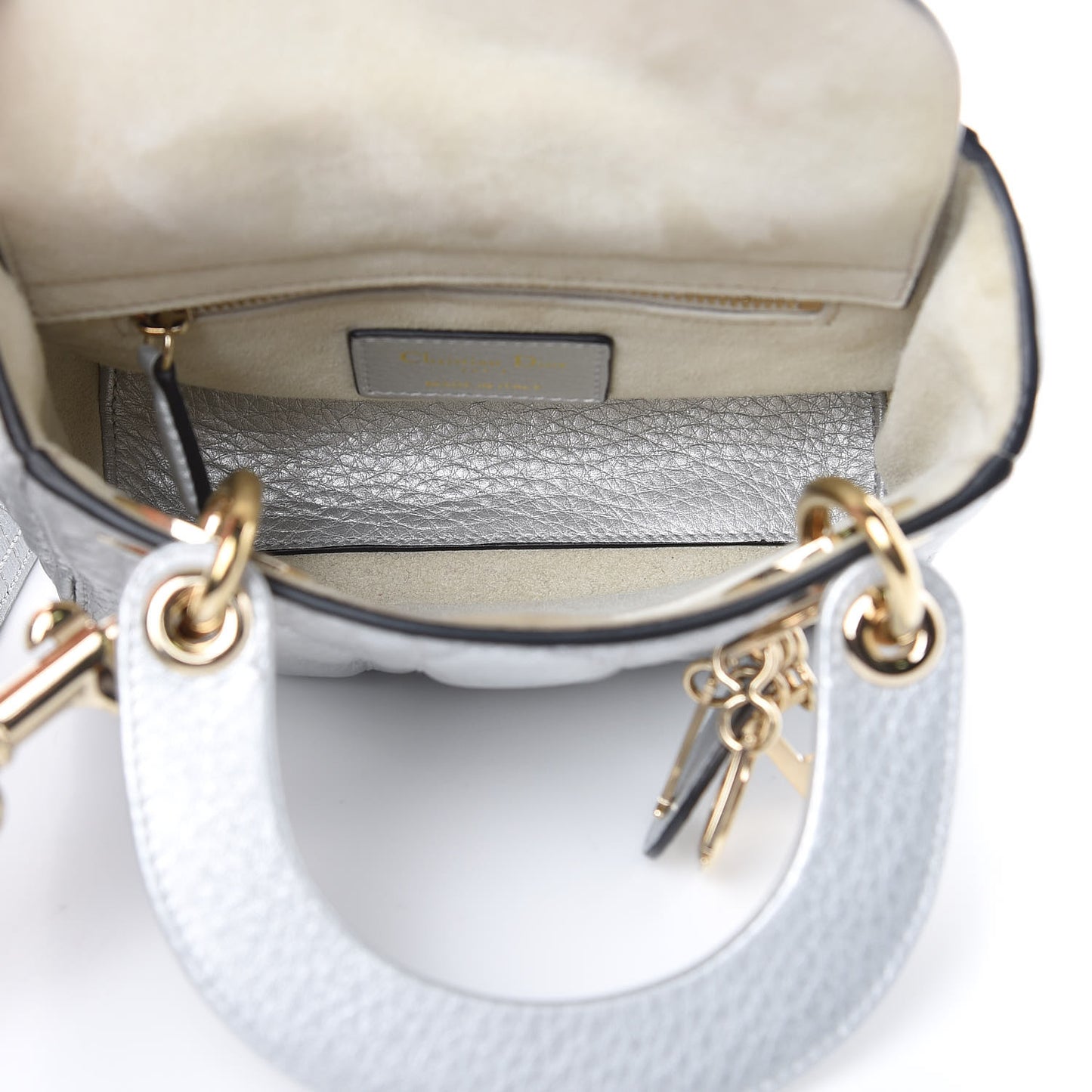 Metallic Grained Calfskin Cannage Mini Lady Dior Silver