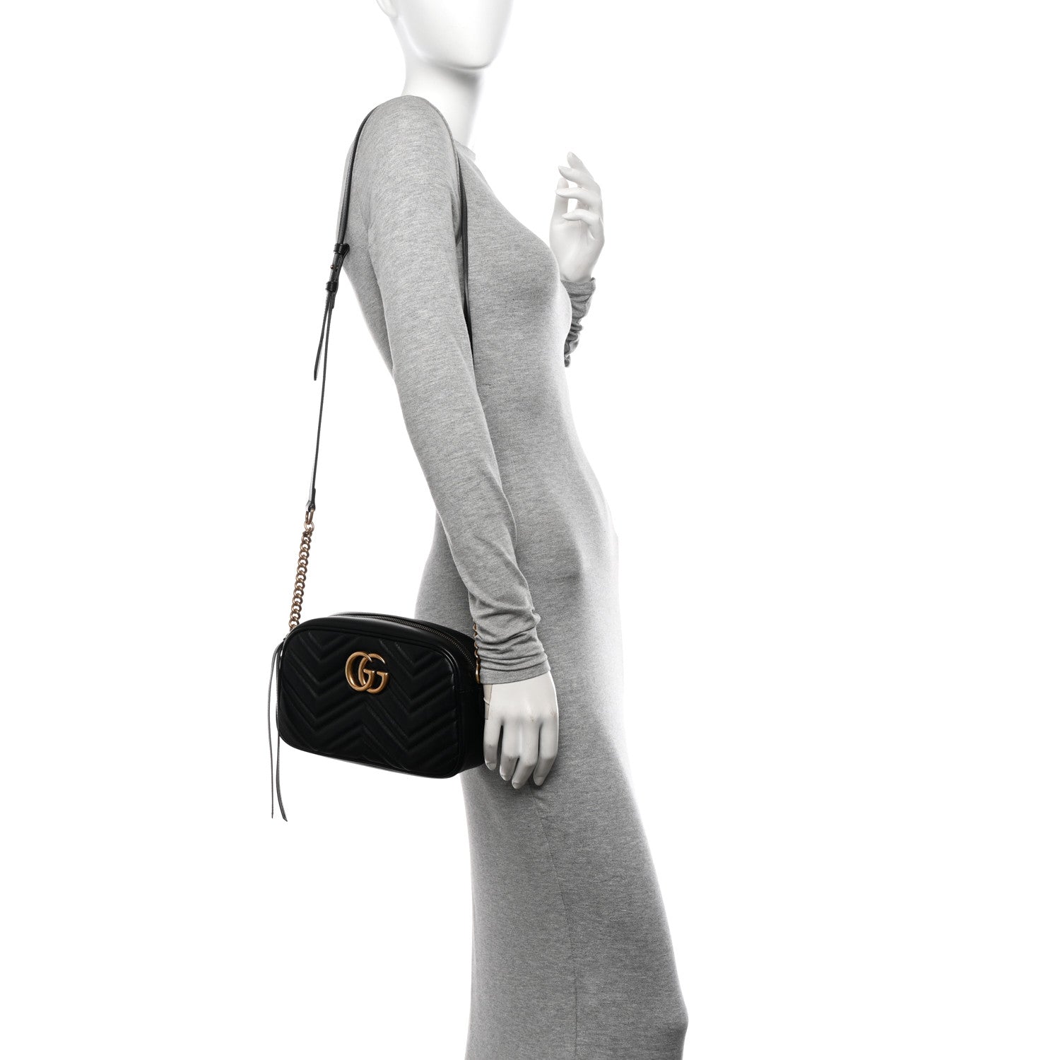 Gucci Calfskin Matelasse Small GG Marmont Chain Shoulder Bag Black 2 of 12
