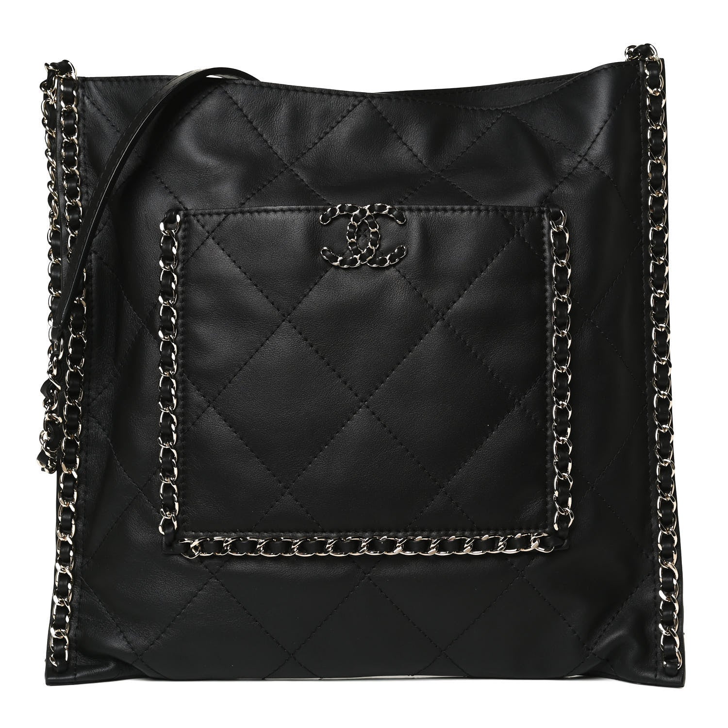 Chanel Calfskin Quilted Chain Flat Tote Black 1 of 12