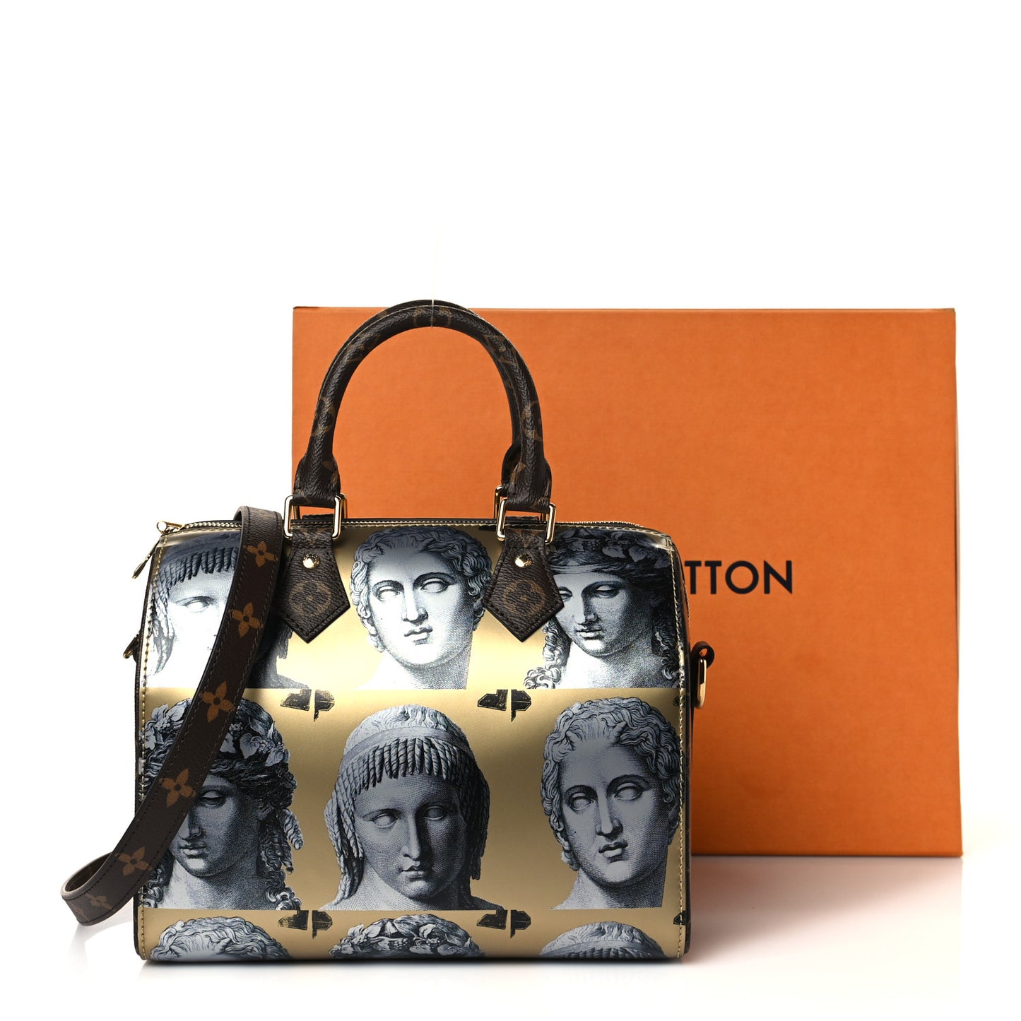 X FORNASETTI Calfskin Fornasetti Speedy Bandouliere 25 Gold