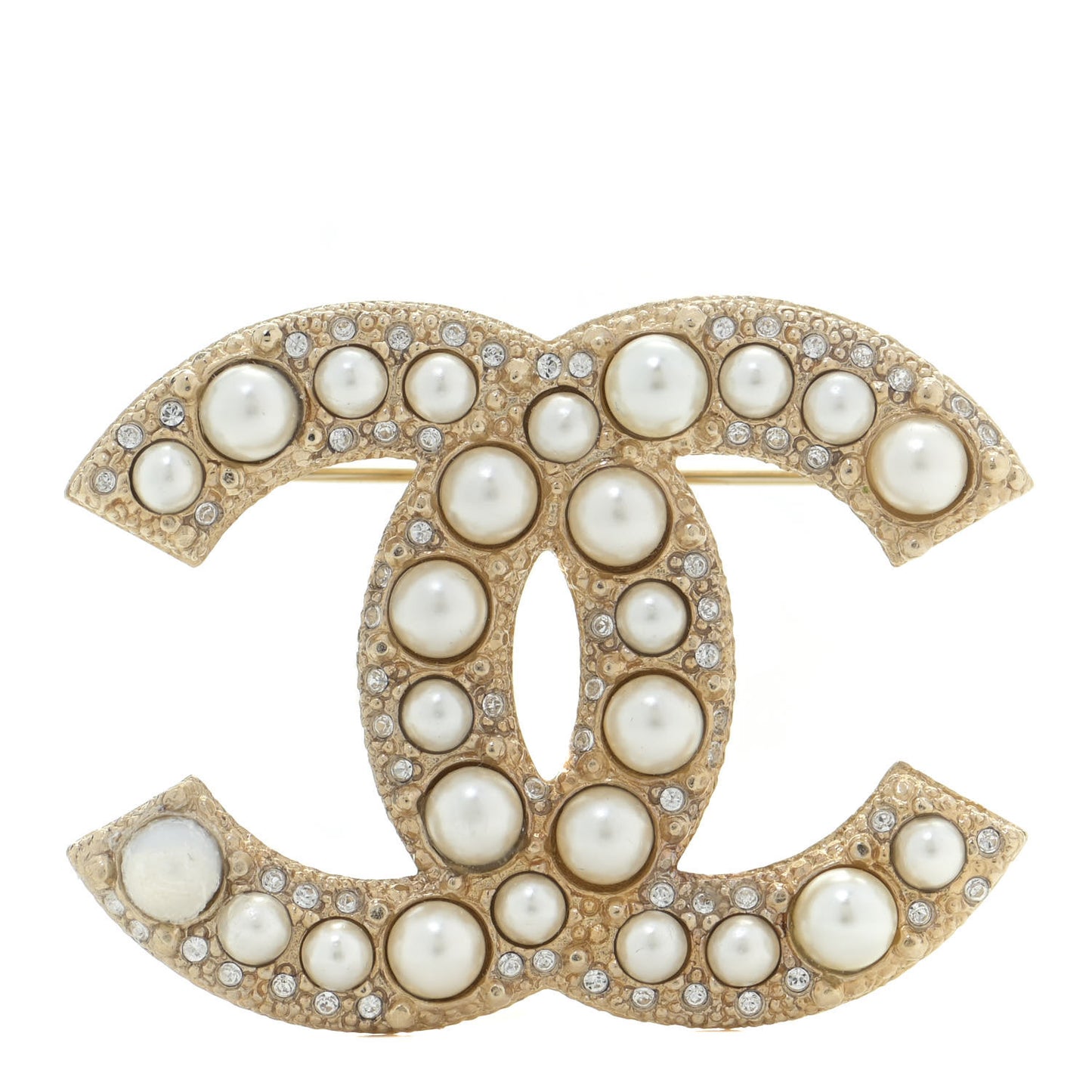 Pearl Crystal CC Brooch Gold