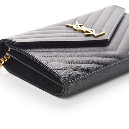 Saint Laurent Grain De Poudre Matelasse Chevron Monogram Chain Wallet Black 8 of 10