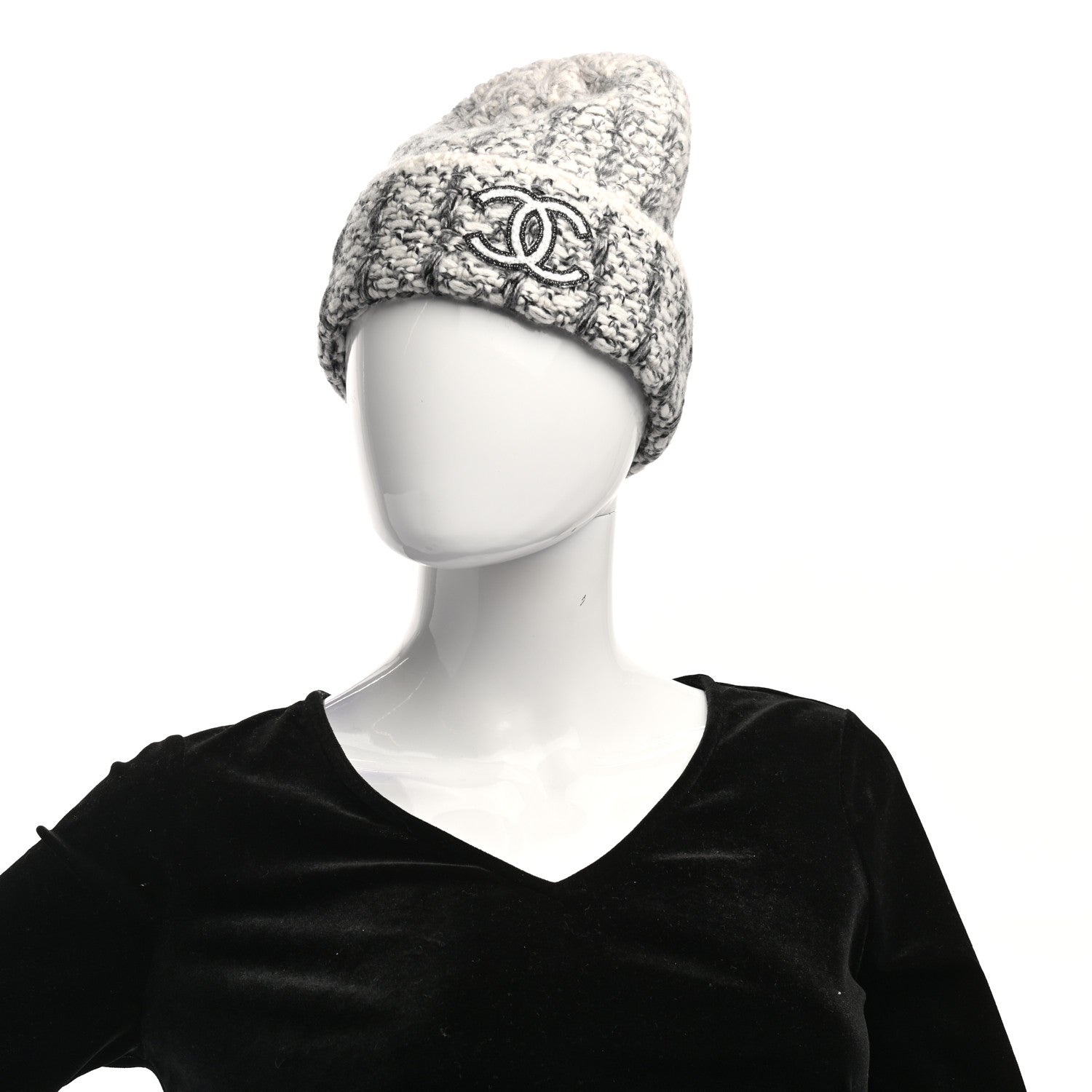 Chanel Cashmere Logo Beanie Hat Light Beige Black Grey 2 of 5