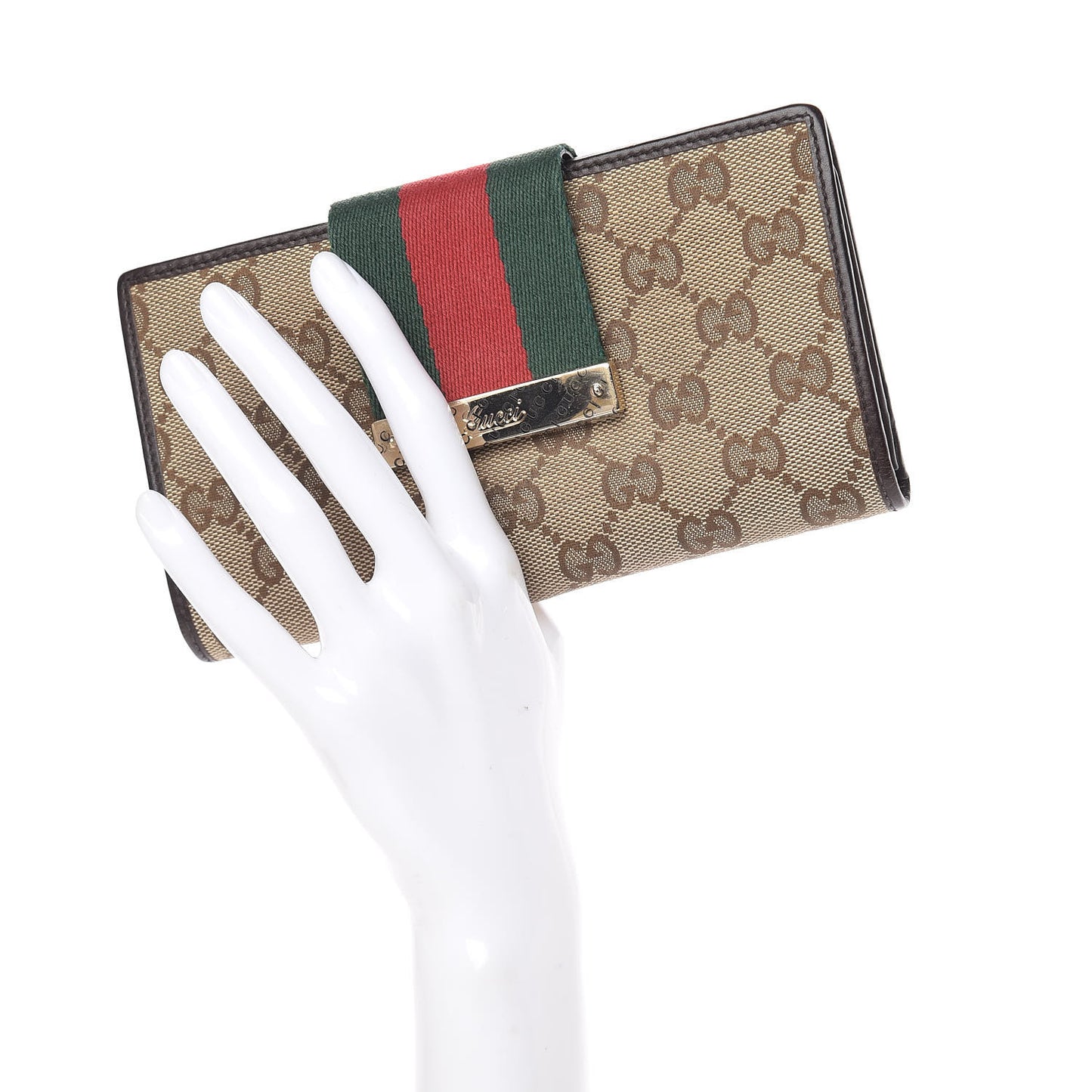 Monogram Calfskin Ladies Web Continental Wallet Beige Ebony Cocoa