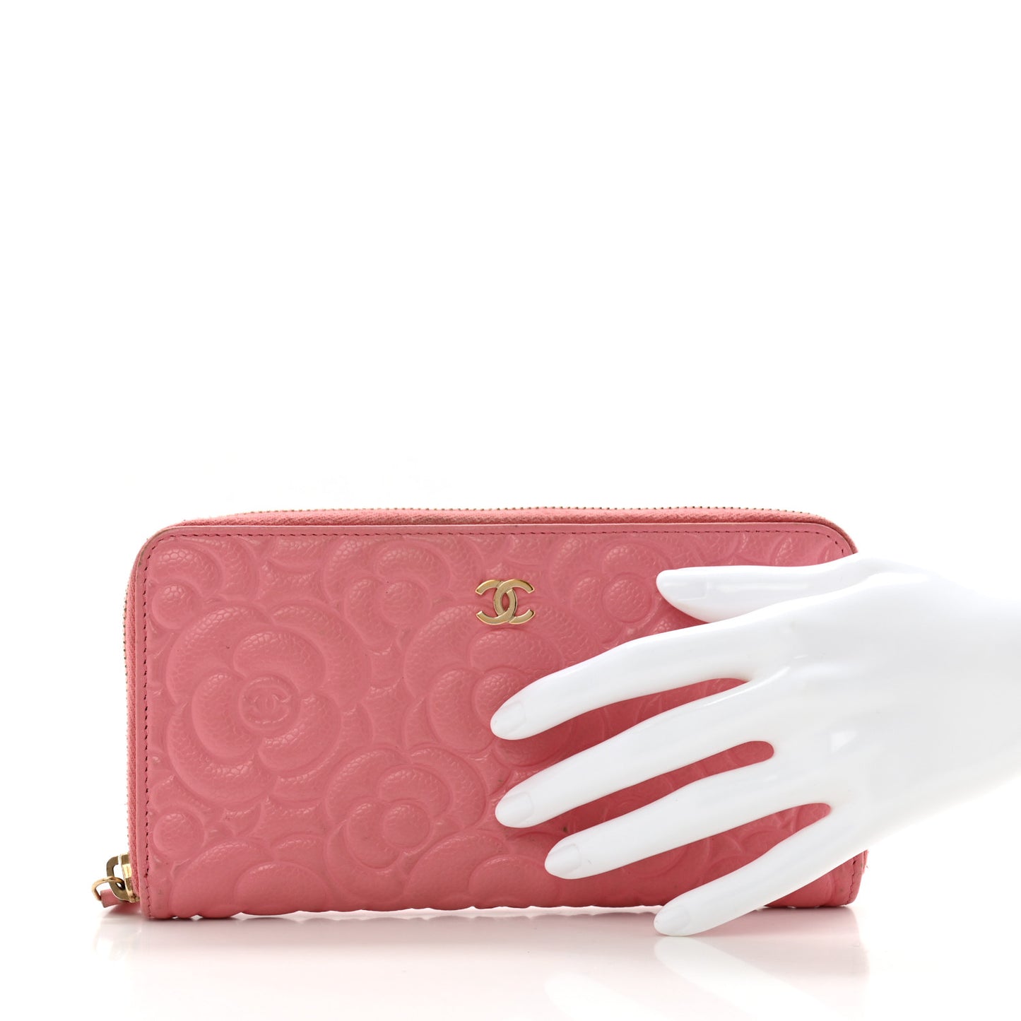 Caviar Camellia Embossed Zip Around Large Gusset Wallet Pink