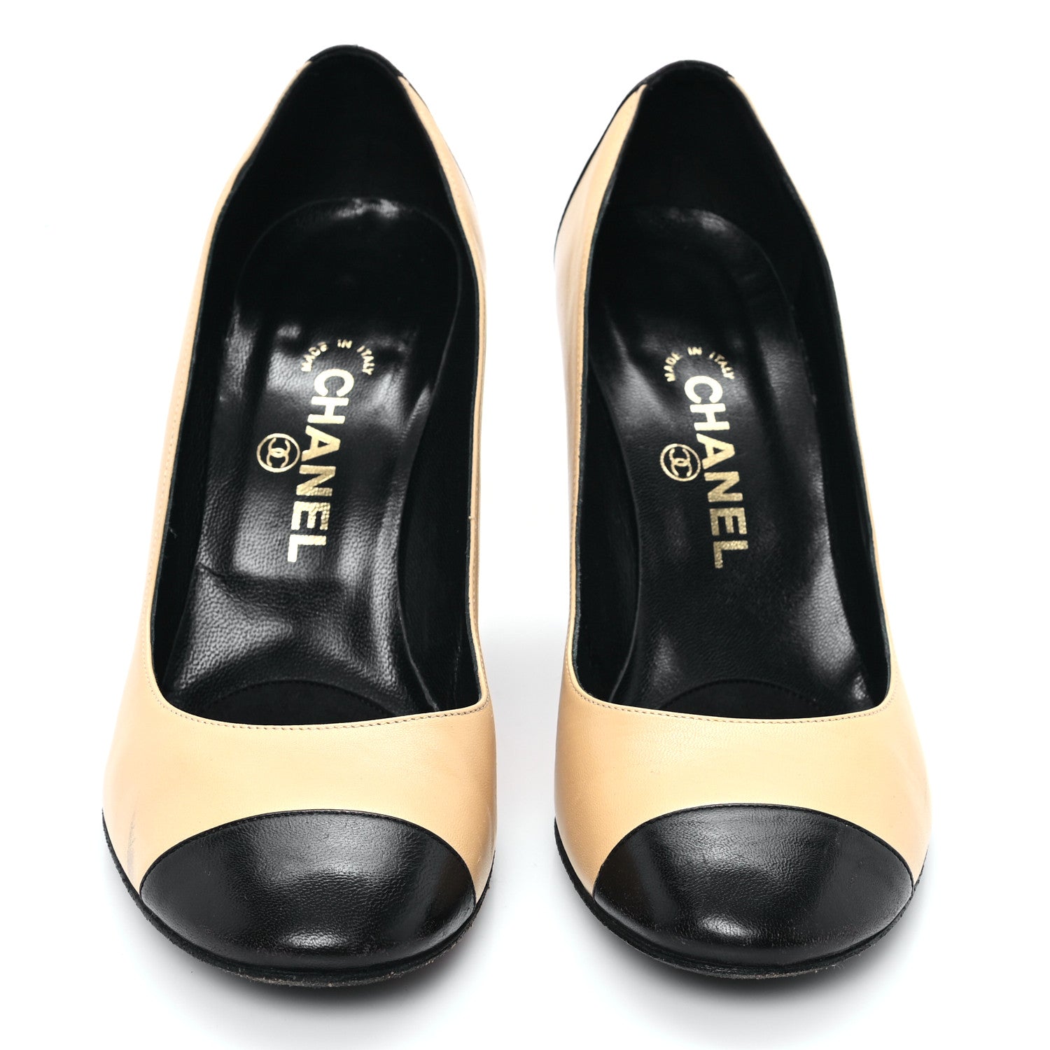 Chanel Lambskin Cap Toe CC Pumps 38 Beige Black 3 of 10