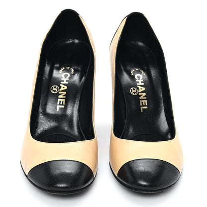 Chanel Lambskin Cap Toe CC Pumps 38 Beige Black 3 of 10