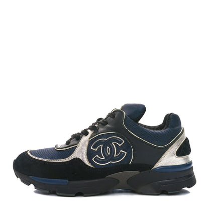 Chanel Mesh Suede Calfskin Womens CC Sneakers 36 Dark Blue Black Silver 1 of 9