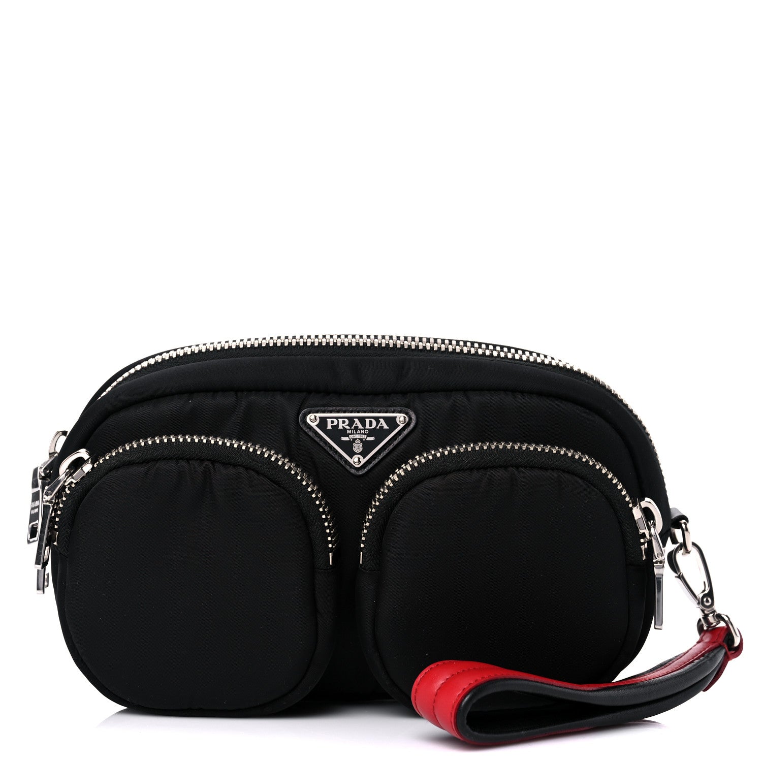 Prada Tessuto Nylon Double Pocket Wristlet Pouch Black Fuoco 1 of 7