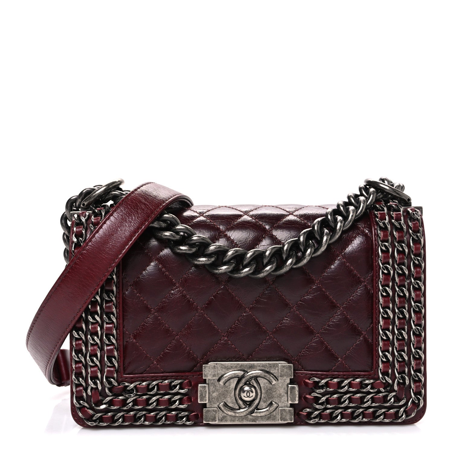 Chanel Glazed Calfskin Quilted Small Boy Chained Flap Burgundy 1 of 10
