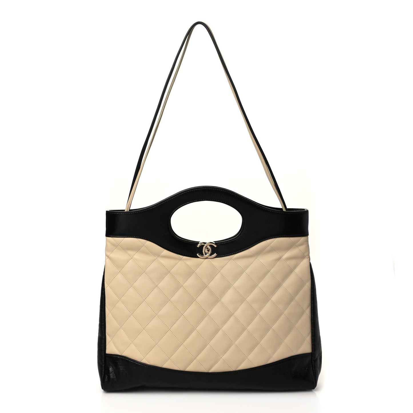 Aged Calfskin Quilted Large 31 Shopping Bag Beige Black