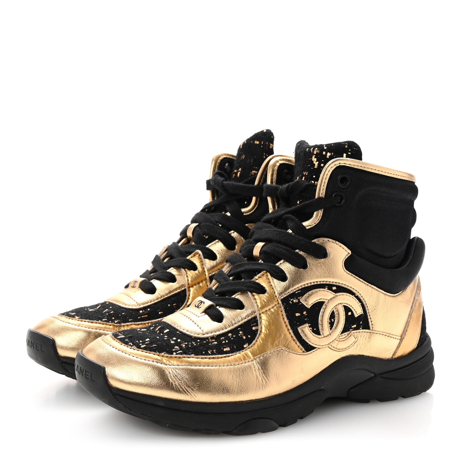 Chanel Satin Lambskin Fabric Tweed CC High Top Sneakers 37.5  Black Gold 4 of 9