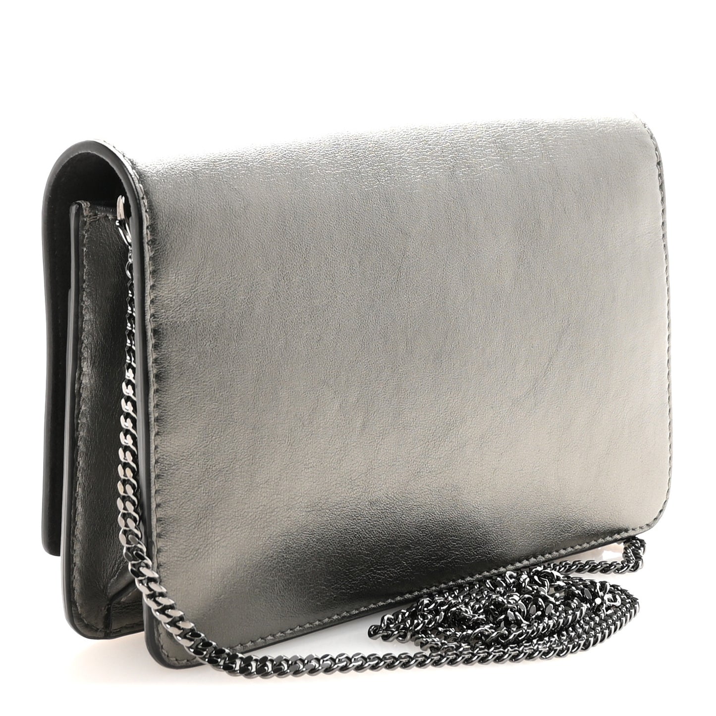Glossy Calfskin Crystal Studded Tube Wallet On Chain Graphite