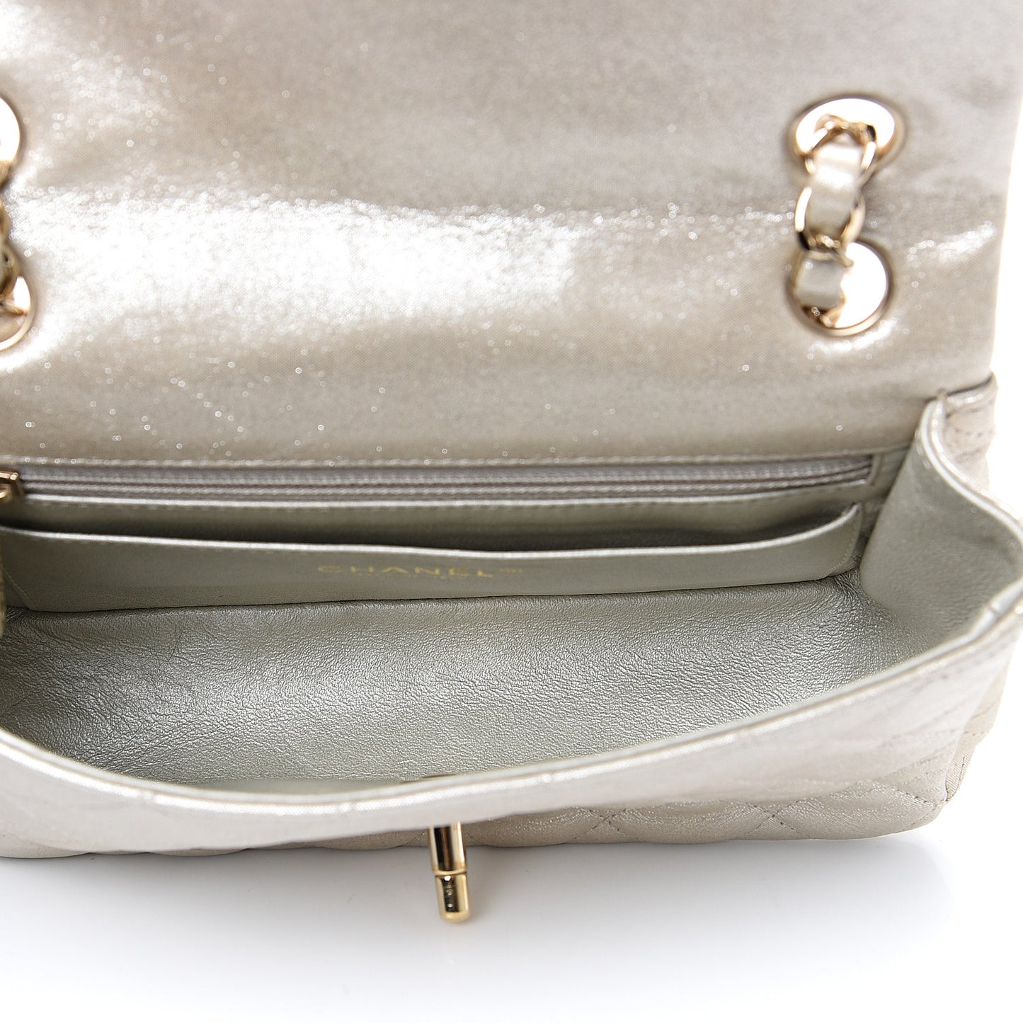 Iridescent Calfskin Quilted Mini Rectangular Flap Light Gold