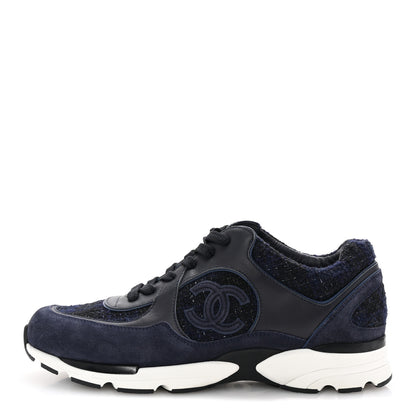 Chanel Tweed Suede Calfskin Mens CC Sneakers 43 Navy 1 of 10