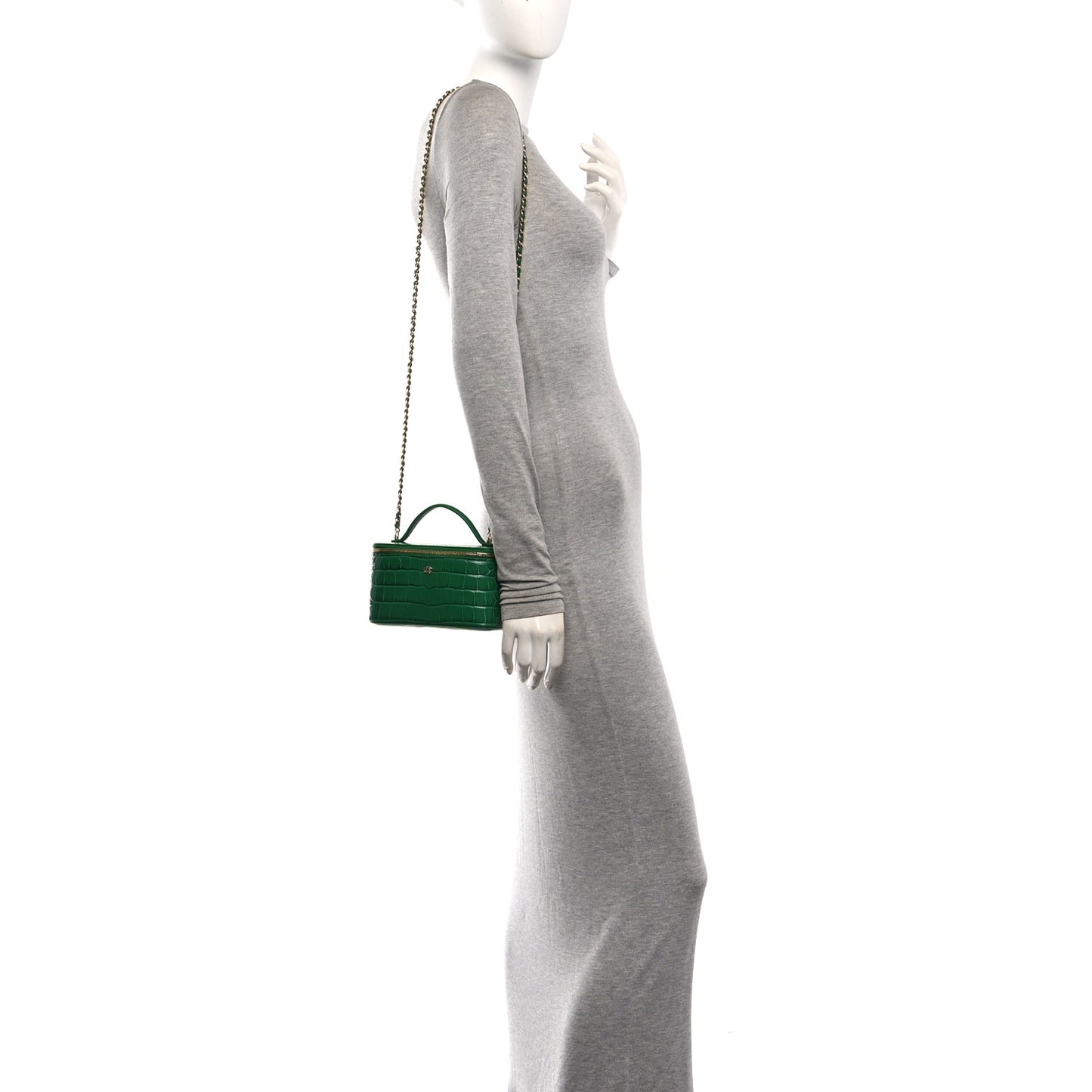 Calfskin Crocodile Embossed Exoticoco Small Top Handle Vanity Case With Chain Emerald
