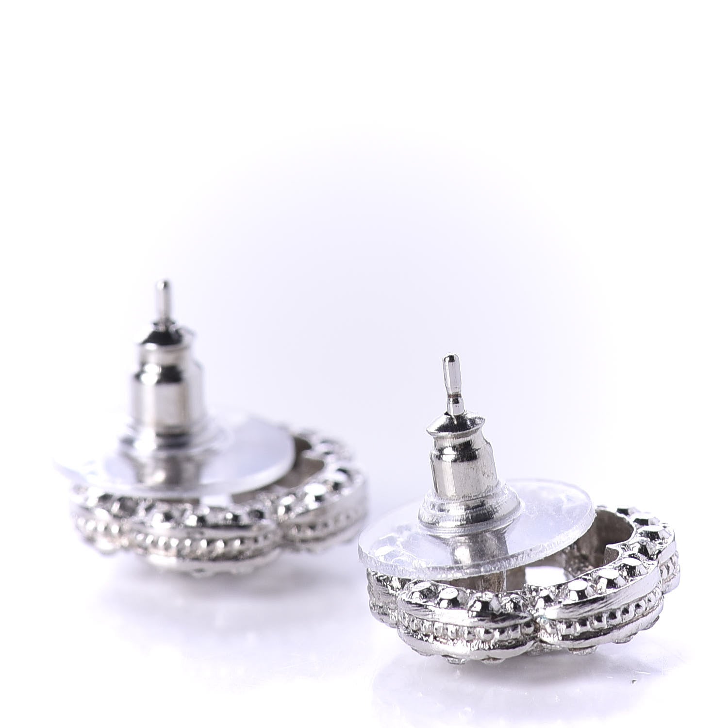 Chanel Crystal Coco Flapper Camellia CC Stud Earrings Silver 3 of 5