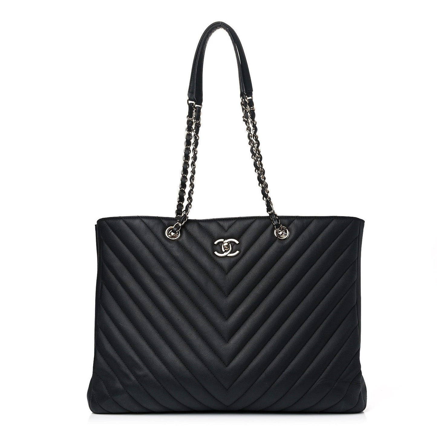 Caviar Chevron Quilted Large Shopping Tote Black