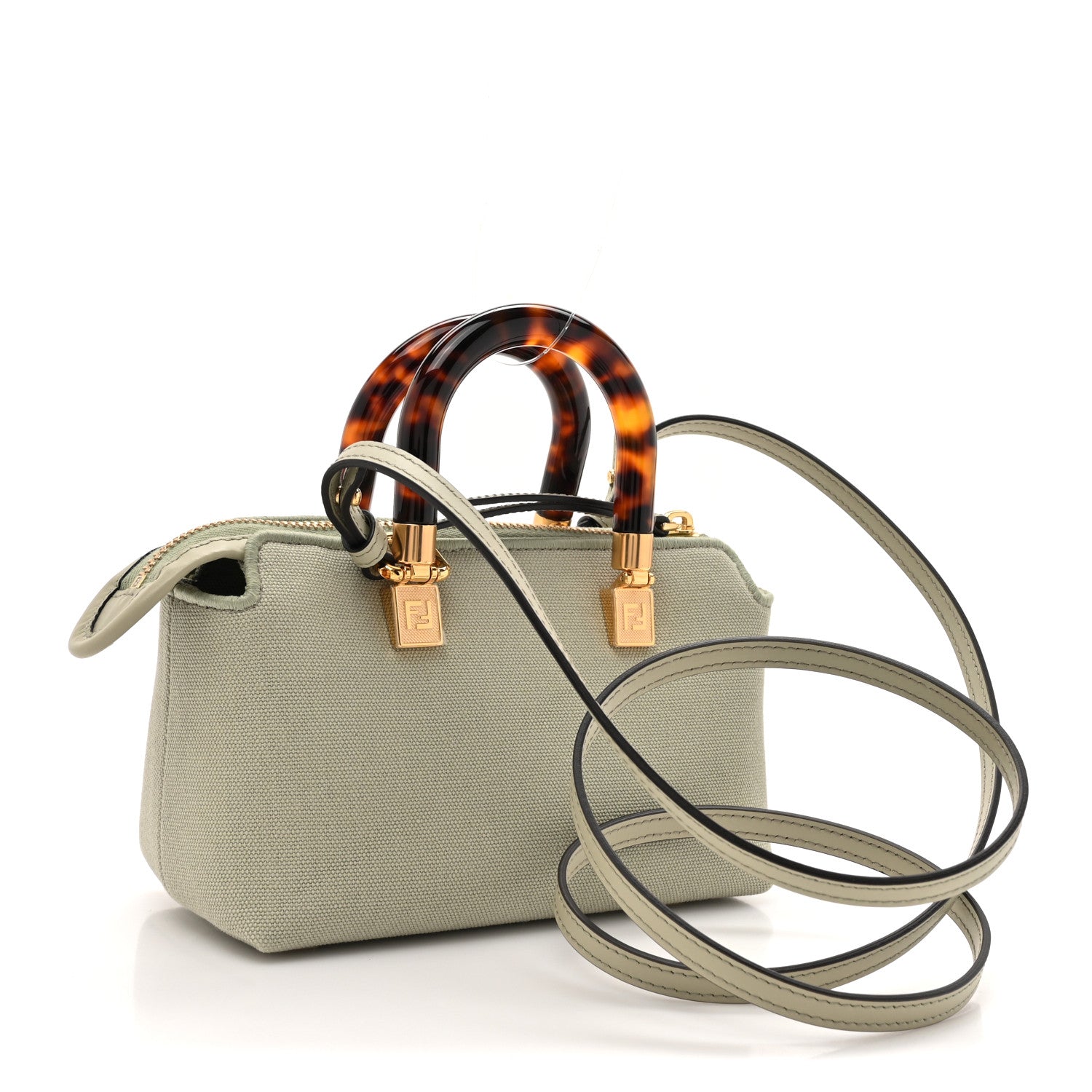 Fendi Canvas Vitello King Plexiglass Logo Embroidered Mini By The Way Top Handle Boston Bag Green Tea 3 of 10